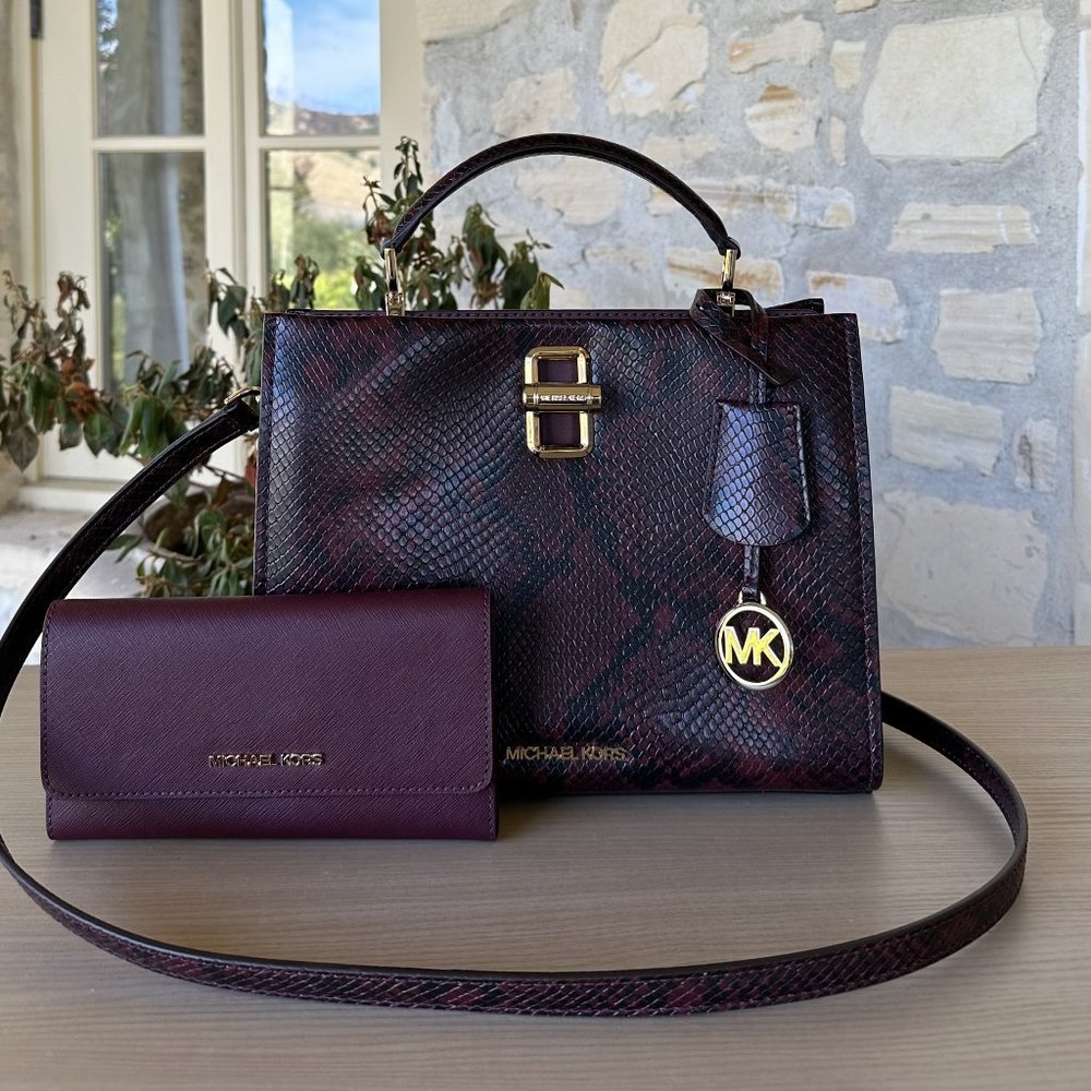Michael Kors Penelope MD TH Satchel/ LG Trifold Wallet Leather Merlot NWT Women